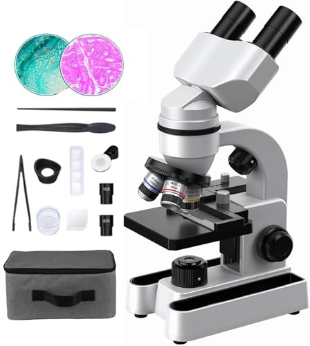 Microscopio Binoculare - Ingrandimento 40-1600x, Microscopio Biologico Educativo Binoculare Composto Per Studenti, Con Luci Led A 7 Colori - Per Bambini, Studenti, Adulti,White