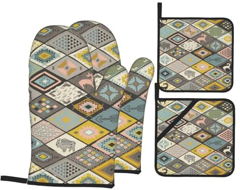 Ensemble de gants de cuisine et maniques en patchwork sud-ouest résistant à la chaleur, surface antidérapante pour la cuisine, la pâtisserie, le grill, le barbecue