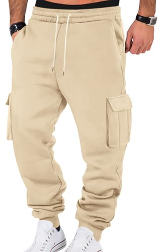 WINKEEY Pantaloni Tuta Uomo Pantaloni Sportivi Uomo con Tasche Pantaloni Casual a Vita Elastica,Beige XXL