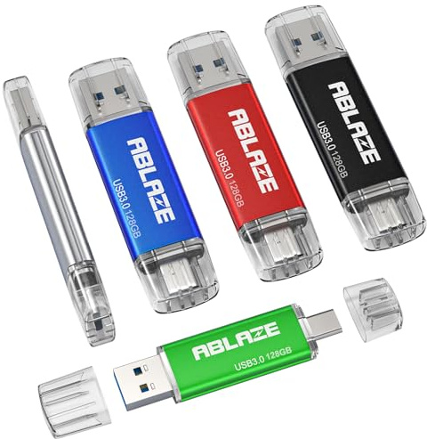 ABLAZE USB-C flash-enhet, 128 GB, 5 stycken, Dual USB 3.0-minne, USB-typ C, höghastighetsminne, för USB-C-smartphone, surfplatta, Mac, TC, bil och bärbar dator (5 färger)