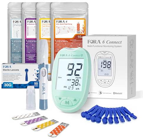 FORA 6 Connect | 4-in-1 Blutzucker-, Keton-, Cholesterin-, Harnsäure-Messgerät | Für die Selbstanwendung zu Hause | Bluetooth & App | Inkl. Teststreifen & Zubehör, Grün