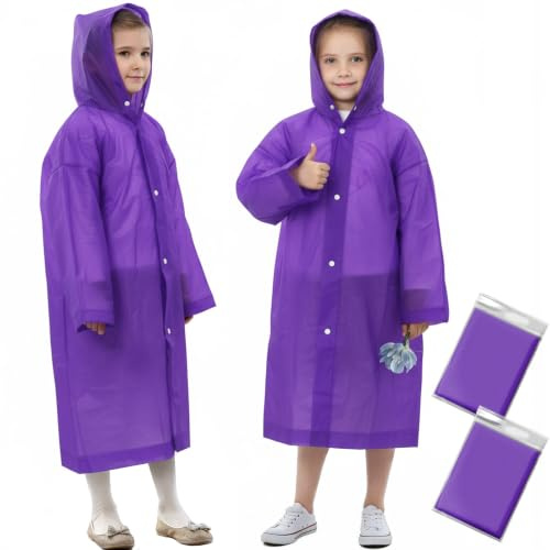 ANYOO Regnponcho för barn med huva, lätt nödsituation regnrock, återanvändbar regnjacka för pojkar och flickor, regnjacka för Disney resor utomhus, Lila 2-pack, one size