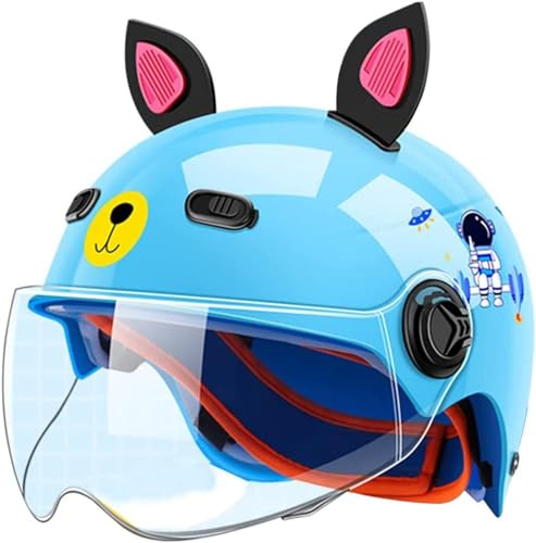 DOT Approved Kids Cat Ears Motorcycle Half Helmet, Retro Child Go-Kart ATV Helmet, Youth Vintage Street Electric Moped Cap for Scooter Dirt-Bike(Blue)