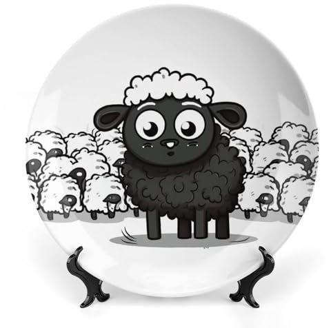 Grandes assiettes décoratives en porcelaine anglaise de mouton noir et blanc de 25,4 cm pour présentation - Assiette désert en céramique avec support de présentation - Assiette en porcelaine