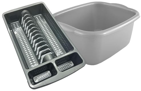 Pluto Packaging Plastic Kitchen Dish Drainer Rack & Washing Up Bowl Set | Perfect For Sinks