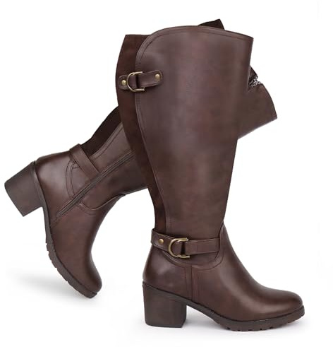 Chicblooms Bottes d'équitation pour femme, mollet large, montantes jusqu'au genou, avec talon bloc et double boucle décorative