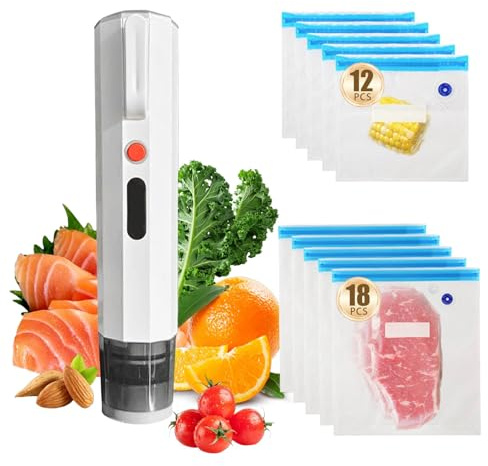 Mini Handheld Vacuum Sealer with 30 Reusable Seal Bags, Type‑C Charging | Rechargeable Portable Food Saver, 65KPa Strong Suction Cordless Vacuum Sealer Machine for Camping, Kitchen Food Storage
