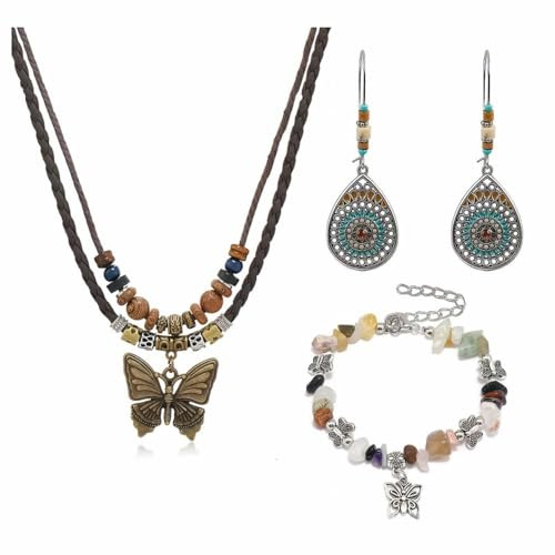 XFSRG Boho Schmuck Set für Damen Schmetterling Halskette Naturstein Armbänder Western-Stil Ohrringe Mittelalter-Vintage-Stil Geschenk für Frauen und Mädchen