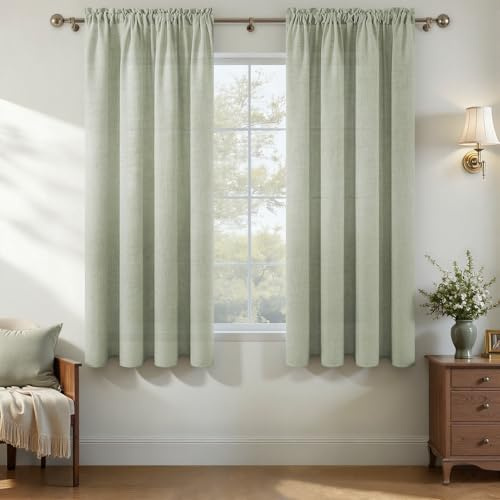 MRTREES Tenda Corta 140x160 cm 2 Pezzi con Passanti, Tende Verde Salvia in Lino Naturale Morbida e Leggera Ideale per Cucina Camera da Letto Cameretta Soggiorno