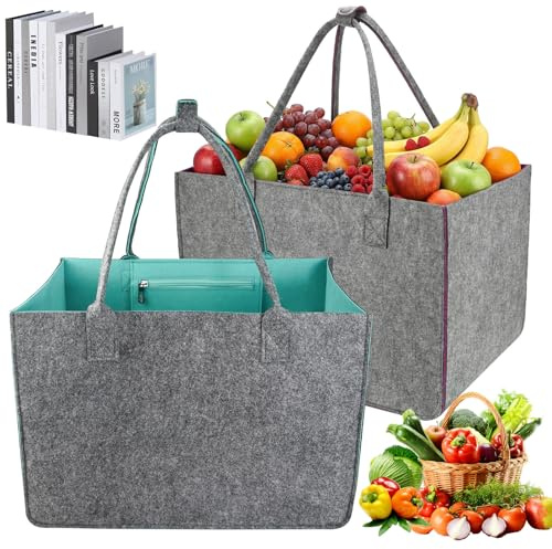 2 bolsas de fieltro grandes para la compra, plegables, con compartimentos y bolsillo interior, para leña de chimenea, cesta para periódicos, bolsa para carrito de la compra, viajes, 40 x 27 x 27 cm