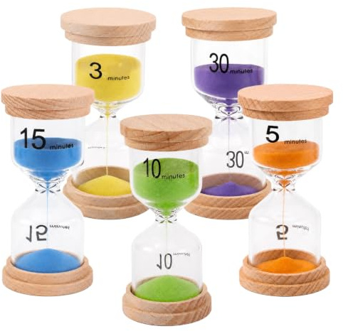 Lot de 5 Sabliers Enfants, Minuteur à Sable, Verre Borosilicate, Timer 3/5/10/15/30 Min pour Apprentissage, Jeux, Cuisine, Décoration Maison Bureau, Cadeau Éducatif