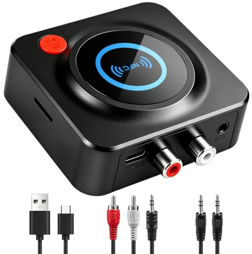 Receptor de Audio estéreo HiFi Bluetooth 5.1 con Conectores RCA y AUX | de 3,5 mm para coche, smartphone, tableta, altavoz, sistema de cine en casa, tarjeta TF y compatible con NFC.