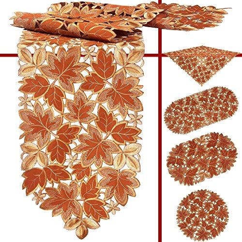 Quinnyshop Herbst Laubblätter Stickerei Tischläufer 30 x 45 cm Oval Polyester, Terrakotta