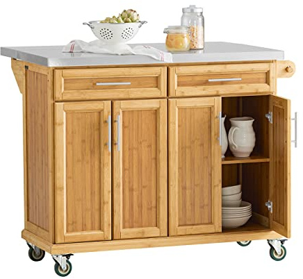 SoBuy Kücheninsel auf Rollen Servierwagen mit Rollen Küchenwagen mit ausziehbarer Arbeitsplatte Rollwagen mit Schubladen Barwagen für Küche, Esszimmer, Frühstücksbar Natur 115x92x(46-71) cm FKW69-N