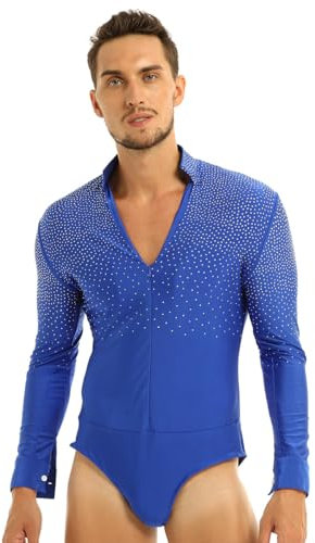 YiZYiF Herren Body Langarm V-Ausschnitt Tanzbody Latein Obeteile Leotard Overalls Männerbody Tango Rumba Tanzshirts Ballsaal Party Tanzkleidung Royal_Blau M