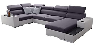 All4All Ecksofa mit Schlaffunktion Passe 335 cm x 205 cm - Wohnlandschaft U-Form - Schlafsofa mit Bettkasten - XXL Sofa - Groß - Gewebe mit Kunstleder -Grau/Weiß - Rechte Seite 26