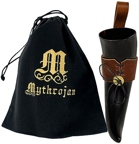 Mythrojan Viking Drinking Horn with Leather Holder Authentic Handmade Beer Mug Medieval Inspired Viking Wine Mead Mug Unique Genuine Ox Horn for Men and Women - Brown, 400 ML
