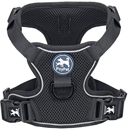 PoyPet Reflective Soft Breathable Mesh Dog Harness Choke-Free Double Padded Vest with Adjustable Neck and Chest(Black,M)