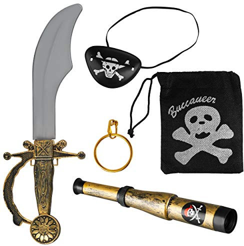 Balinco Piratenset 5-teilig bestehend aus Säbel + Augenklappe + Goldener Ohrring + Fernrohr + Totenkopfbeutel - Kostüm Set für Fasching/Karneval