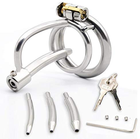 ZWFUN Edelstahl Peniskäfig, hohl atmungsaktiver Gürtel mit 3 Kathetern Keuschheitskäfig Sex Toys, Keuschheitsgürtel, unsichtbarem Sicherungsring, Sexspielzeug für Männer（50mm）