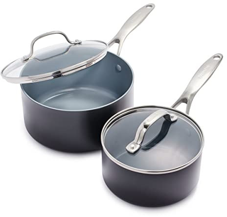 GreenPan Valencia Pro Harteloxierte Gesunde Keramik Antihaft 16cm & 20cm Kochtopf Set, 2 Stück Set, PFAS-frei, Induktion, Spülmaschinenfest, Backofenfest, Grau