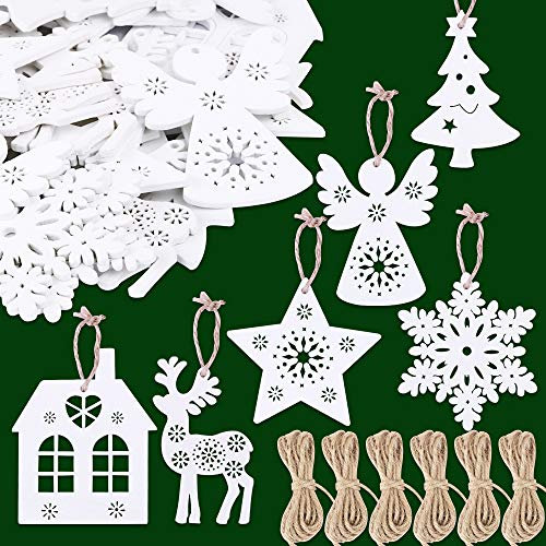 FLOFIA 48 Stück Holz Weihnachtsanhänger Holzanhänger Weihnachten Anhänger Weihnachtsdeko Holz Weihnachtsschmuck mit 12m Hanfseil DIY Anhänger für Weihnachtsbaum Christbaum Schmuck Deko