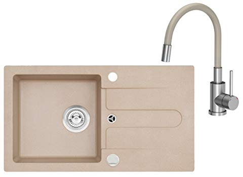 VBChome Spüle mit Armatur 75 x 42 cm Beige Spültischarmatur Granit Einzelbecken Einbauspüle gesprenkelt reversibel Verbundspüle + Siphon Wasserhahn Einhebel