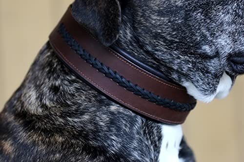 Stitch Halsband Leder Lederhalsband BREIT geflochten Zier Hundehalsband Tysons 5 Kombis zur Wahl M L XL hohe Zugkraft (Braun/Schwarz, XL)