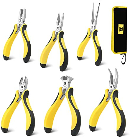 BOSI TOOLS 6-piece Mini Pliers Set, Needle Nose Pliers, Diagonal Pliers, Long Nose Pliers, Bent Nose Pliers, End Cutters and Linesman Pliers, with Storage Pouch Making Craft Electronic Repair