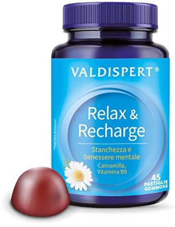 Valdispert Relax & Recharge - Integratore per stanchezza mentale e affaticamento, con Camomilla e Vitamina B9-45 caramelle gommose, gusto Ribes nero