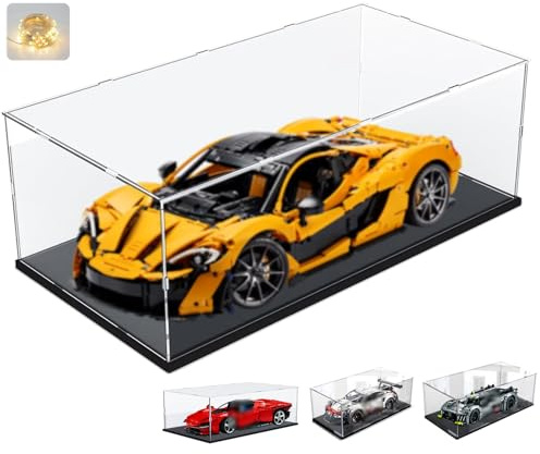 Acrylic Display Case 3 mm for Lego 42172 McLaren P1 42143 Ferrari SP3 42156 42096 42115 42083 1:8 Model Cars Collectibles, Glass Display Case Acrylic Box Transparent Large with LED, Black Interior 60