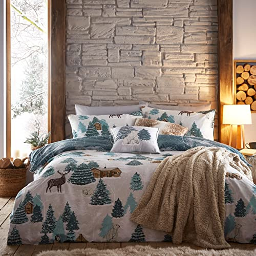 furn. Arcticus Duvet Cover Set (Blue - Super King) | Reversible Woodland Cabin Winter Animals Easycare Polycotton Bedding