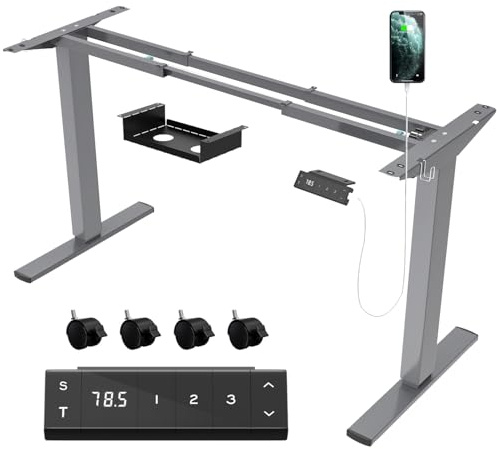 JUMMICO Höhenverstellbarer Schreibtisch Gestell mit USB-Buchse und Kabelwanne, Elektrisch Stufenlos Höhenverstellbar Ttischgestell mit Rollen,Steh Schreibtisch Stehpult（Grau）
