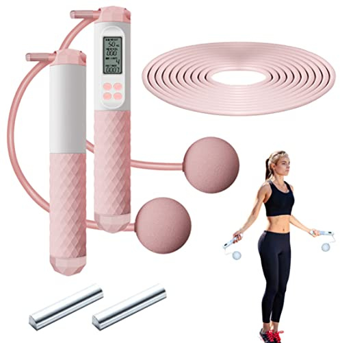 Jorzer Corde a Sauter Sport Corde à sauter pour la corde à sauter de fitness avec comptoir corde à sauter numérique sans cordon avec une corde à sauter sans fil pour les enfants adulte Blanc/Rose