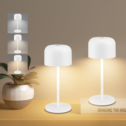 Klighten 2 Stück Led Dimmbare Kleine Tischlampe Kabellos 3000K-6000K, Tischleuchte Innen Außen Innen, IP54 Höhe 21cm Aufladbare Touch Switch USB-C, Warmweiß/Natürliches Licht/Kühles Licht, Weiß