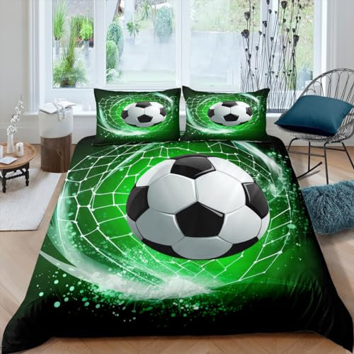 Nyescasa Fussball Bettwäsche 135x200 Jungen Kinderbettwäsche Grün Weiß 3D Fußball Muster Wendebettwäsche Weich Mikrofaser Bettbezug mit Reißverschluss und Kissenbezug 80x80 cm