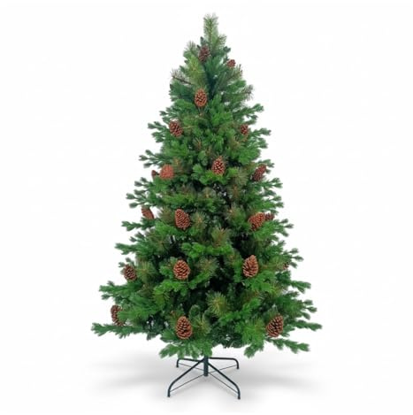 DAYRON - Árbol de Navidad Artificial Verde con Ramas Abatibles y Soporte Metálico Plegable, Decorado con Piñas Naturales, Disponible en 180 y 210 cm, Montaje Rápido y Fácil de Guardar