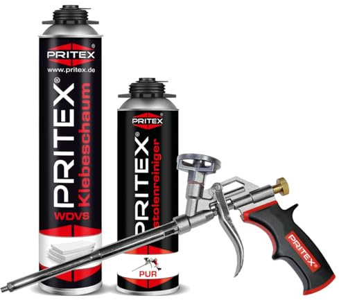 PRITEX - WDVS Klebeschaum Set 1 x 750 ml inkl. Schaumpistole und Reiniger zum Isolieren, Fixieren & Befestigen – Dämmstoffkleber mit sehr guter Haftung
