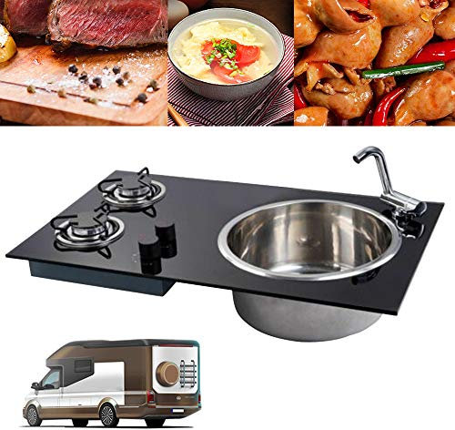 Gasherd, 2 Brenner, Boot, Wohnmobil, Wohnwagen, LPG-Gasherd, Spüle, Herd, Kombi-Gasherd, Gaskochfeld, Gaskocher mit Spüle aus Edelstahl 304, Dual-Fuel-Versiegelung (29 Zoll)