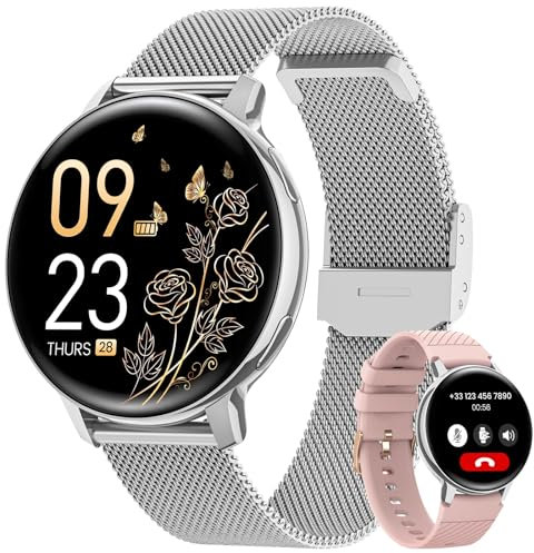 NAIXUES Smartwatch Damen mit Telefonfunktion, 1,39 Touchscreen Fitnessuhr 120+ Sportmodi Menstruationszyklus Pulsuhr SpO2 Schlafmonitor, IP68 Schrittzähler Fitness Tracker für iOS Android Silber