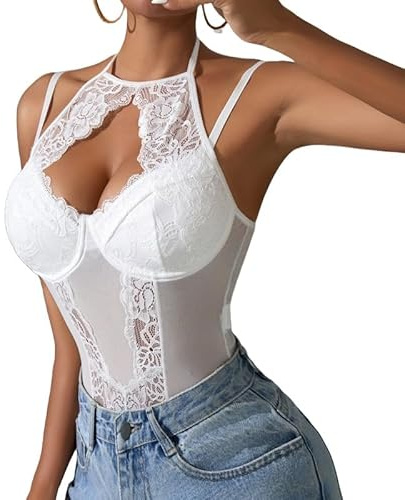 Haibang Body Femme Sexy Bodysuit en Dentelle Florale Spaghetti Bodys en Maille Transparente Bodycon Body Lingerie Dos Nu Élégant Corset Tops Une Pièce Combinaisons Jumpsuit Party Justaucorps Clubwear