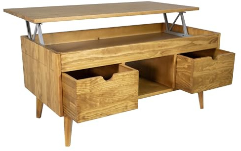 LoMasCasa - Mesa de Centro Elevable Modelo Karla 28 con 2 Cajones Deslizantes, Hueco Central, Madera Maciza de Pino Natural en Color Madera de Nogal. Patas Cónicas. Medidas 100 x 50 x 47 cm