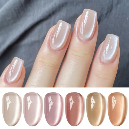 BORN PRETTY Magnetic Cat Eye Gel Polish Set - 6 Colors Shimmer Pearl Glitter With Magnet, Pink Nude Iridescent Jelly Effect for Nail Art Manicure DIY at Home