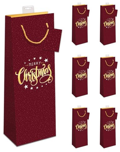 PremiumLine Geschenktaschen für Flaschen Weihnachten 6 Stück | Flaschentüten edle Geschenktüten für Wein Sekt Champagner | farbige Kordel, Namenskarte | Sterne grün | Skorpion Papeterie
