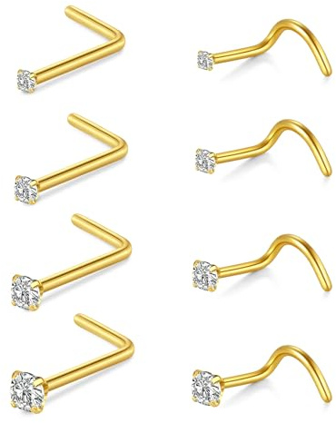 AceFun Bijoux de perçage nez, 8 pièces 20G en acier chirurgical orné de diamants, connecteur nez en forme de L, pour femmes et hommes, avec service après-vente de 365 jours