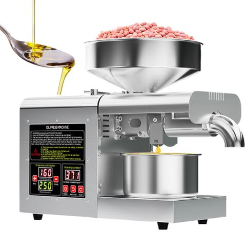 Presse à huile électrique - 5-8 kg/h, 1100 W, extracteur d'huile de graines à froid et à chaud avec panneau de contrôle de température 40-260 ℃ réglable, huileuse automatique avec trémie de 6 l, mou