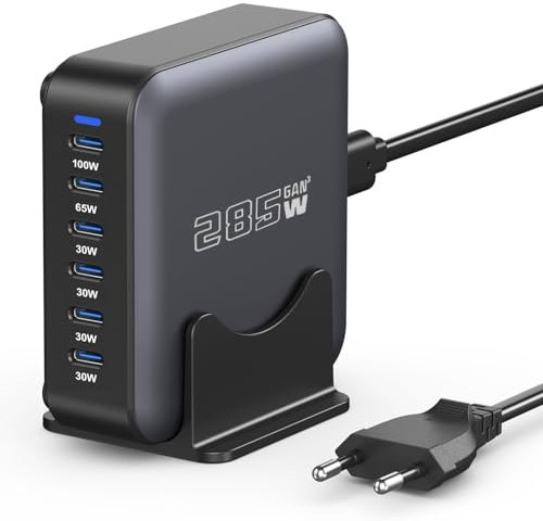 285W USB C Chargeur Multiple, 6 Ports Chargeur Rapide GaN Alimentation Station de Charge, PD+QC Power Adapter 100W Type C Laptop Charger Compatible avec MacBook/iPhone 16/Galaxy S23