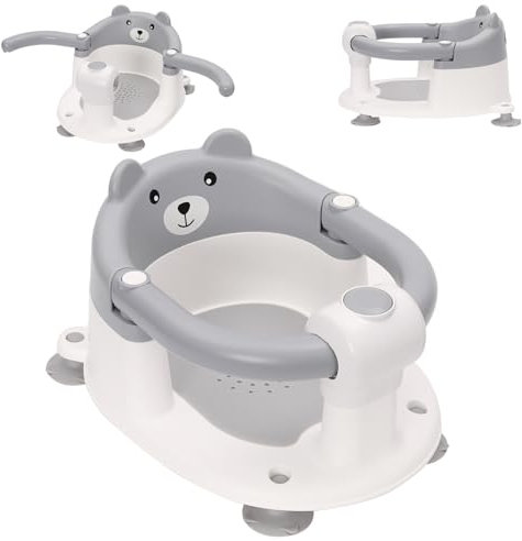 Siege de Bain pour Bebe 6-24 Mois, Chaise de Bain pour Bébé avec 4 Ventouses Puissantes, Dossier Ergonomique et Verrou de Sécurité, Antidérapant et Sûr, Cadeau pour Tout-Petits et Nouveau-Nés(Gris)