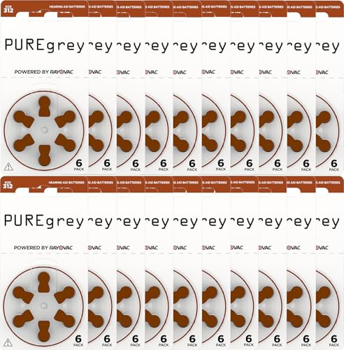 PUREgrey Hörgerätebatterien Typ 312-120 Stück Hörgeräte Batterien konzipiert für höchste Leistung – Pack mit 20 Blistern à 6 Hörgerätebatterien – PR41 Farbcode braun 1,45 Volt