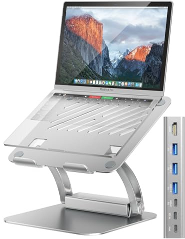 tounee Laptop Stand with Detachable USB-C Hub, 100W PD Charging, 4K@60Hz HDMI, 3 USB Ports, Ergonomic Laptop Holder Docking Station for 10-17 Laptops, MacBook & More - Silver